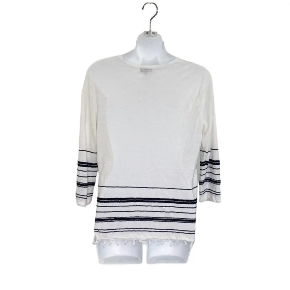 Talbots Petite Womens Linen Sweater‎ Sz Mp Tasseled Hem 3/4 Sleeve White Striped